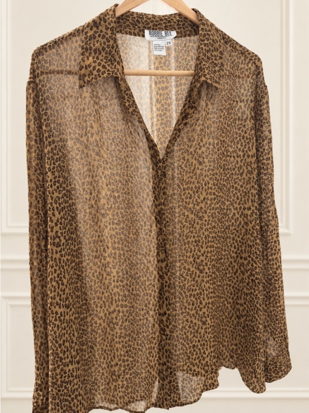 Robbie Bee Sheer Leopard Print Button-Down Blouse in Brown. 100% Silk.